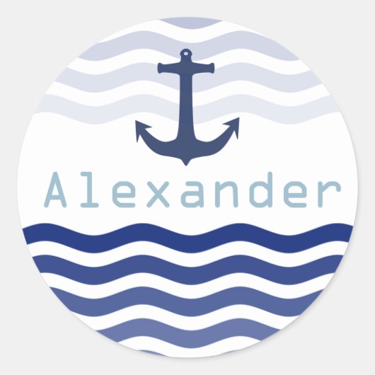 Nautical Navy Waves and Anchor Personalized Name Ronde Sticker (Voorkant)
