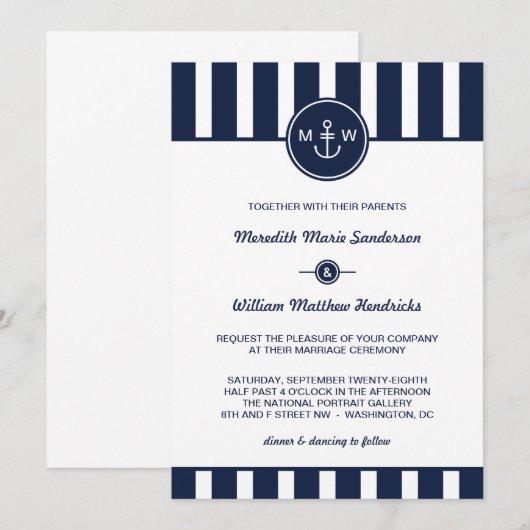 Nautical Navy Wedding Invitation Kaart (Voorkant / Achterkant)