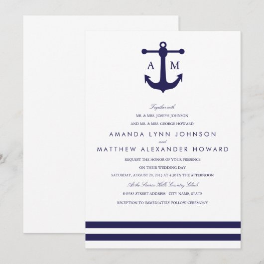 Nautical Navy Wedding Invitation Kaart (Voorkant / Achterkant)