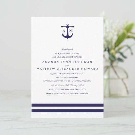 Nautical Navy Wedding Invitation Kaart (Staand voorkant)