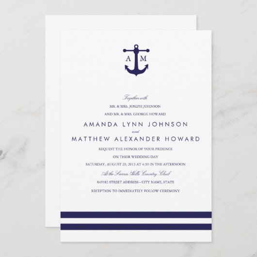 Nautical Navy Wedding Invitation Kaart (Voorkant / Achterkant)