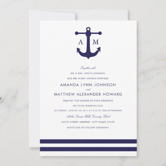 Nautical Navy Wedding Invitation Kaart (Voorkant)