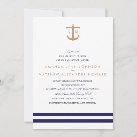 Nautical Navy Wedding Invitation Kaart (Voorkant)