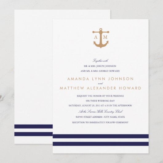 Nautical Navy Wedding Invitation Kaart (Voorkant / Achterkant)