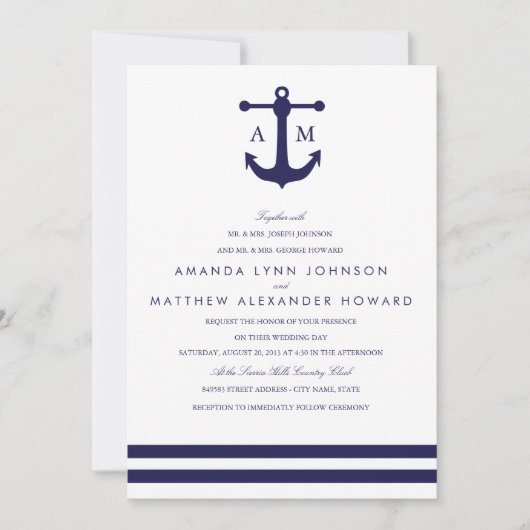 Nautical Navy Wedding Invitation Kaart (Voorkant)