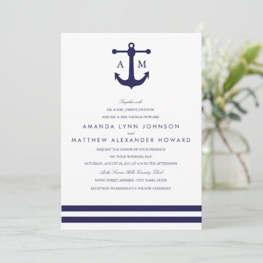 Nautical Navy Wedding Invitation Kaart (Staand voorkant)
