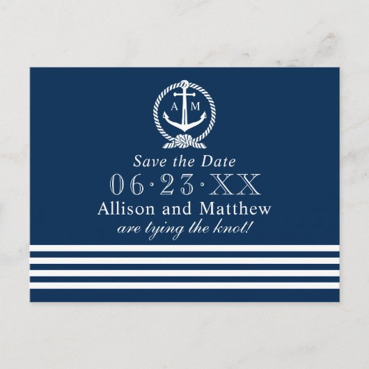 Nautical Navy Wedding Monogram Save the Date Aankondigingskaart (Voorkant)