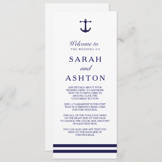 Nautical Navy Wedding Programme Programmakaart (Voorkant / Achterkant)