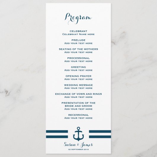 Nautical Navy Wedding Programme Programmakaart (Voorkant)