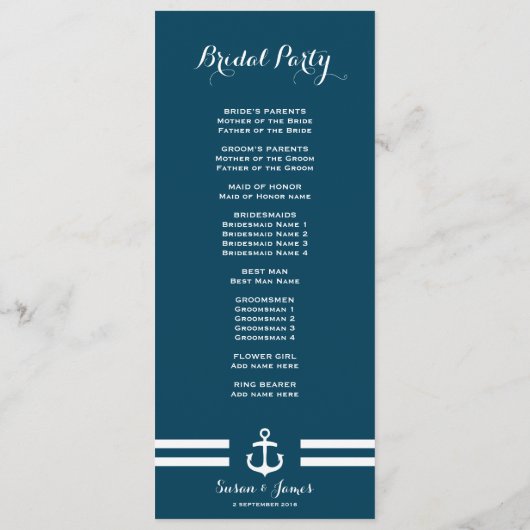 Nautical Navy Wedding Programme Programmakaart (Achterkant)
