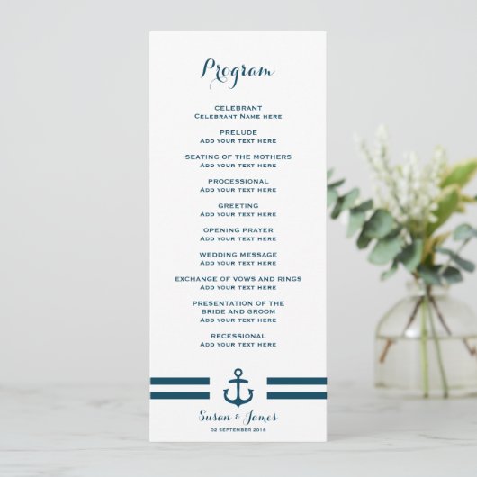 Nautical Navy Wedding Programme Programmakaart (Staand voorkant)