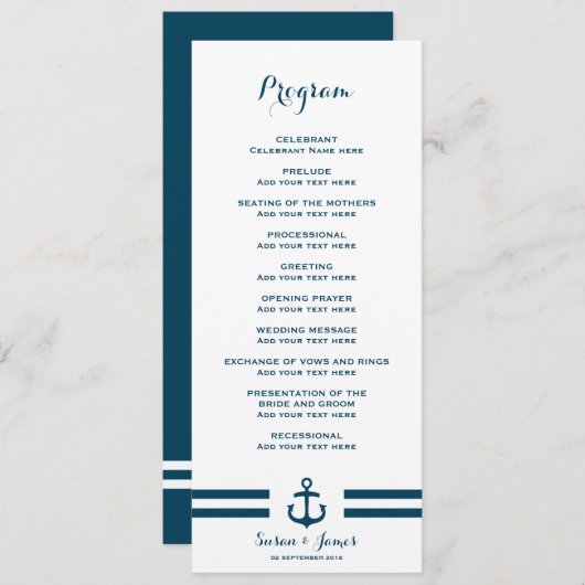 Nautical Navy Wedding Programme Programmakaart (Voorkant / Achterkant)