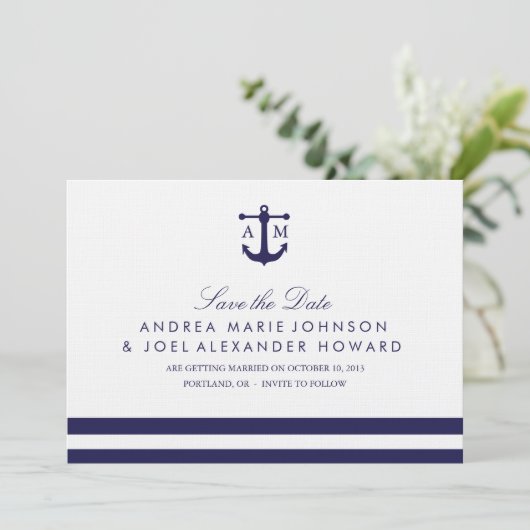 Nautical Navy Wedding Save the Date (Staand voorkant)