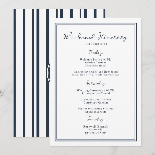 Nautical Navy Wedding Weekend Itinerary Card Kaart (Voorkant / Achterkant)