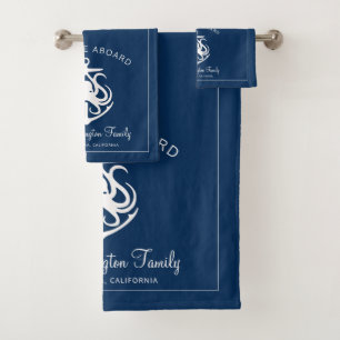 Nautical Navy Welcome Aboard Familienaam Anchors B Bad Handdoek