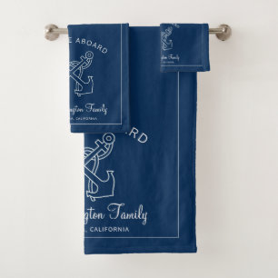 Nautical Navy Welcome Aboard Familienaam Anchors Bad Handdoek