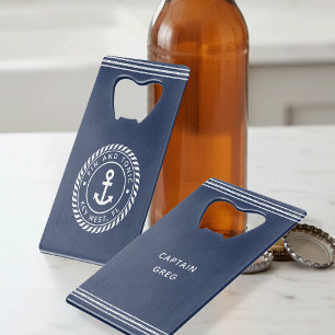 Nautical Navy & White Anchor Boat Name Creditkaart Flessenopener