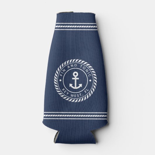 Nautical Navy & White Anchor Boat Name Flesjeskoeler (Voorkant)