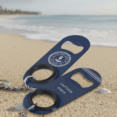 Nautical Navy & White Anchor Boat Name Mini Flessenopener