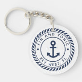 Nautical Navy & White Anchor Boat Name Sleutelhanger (Voorkant)