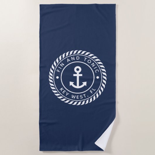 Nautical Navy & White Anchor Boat Name Strandlaken (Voorkant)