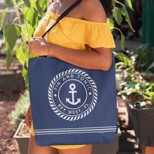 Nautical Navy & White Anchor Boat Name Tote Bag