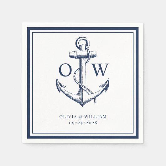 Nautical Navy White Anchor Monogram Weddenschap Servet (Voorkant)
