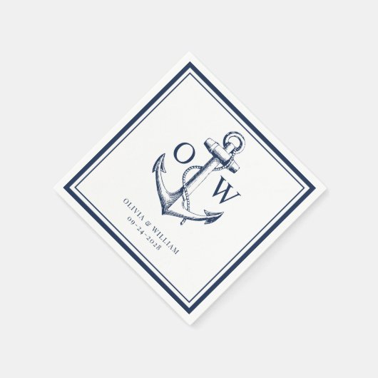 Nautical Navy White Anchor Monogram Weddenschap Servet (Hoek)