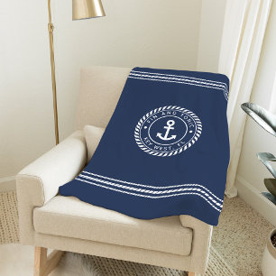 Nautical Navy & White Anchor   Naam aangepaste boo Fleece Deken