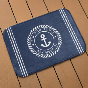 Nautical Navy & White Anchor   Naam van je boot Badmat