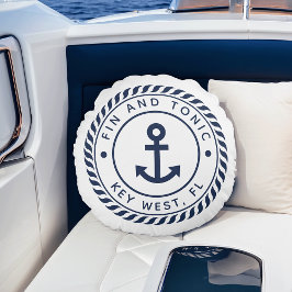 Nautical Navy & White Anchor | Naam van je boot Rond Kussen
