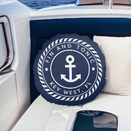 Nautical Navy & White Anchor | Naam van je boot Rond Kussen