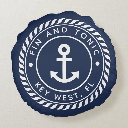 Nautical Navy & White Anchor | Naam van je boot Rond Kussen (Achterkant)