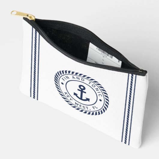 Nautical Navy & White Anchor Stripe Boat Name Etui (Open)