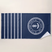 Nautical Navy & White Anchor Stripe Boat Name Strandlaken (Voorkant)