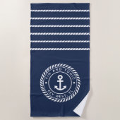 Nautical Navy & White Anchor Stripe Boat Name Strandlaken (Voorkant)