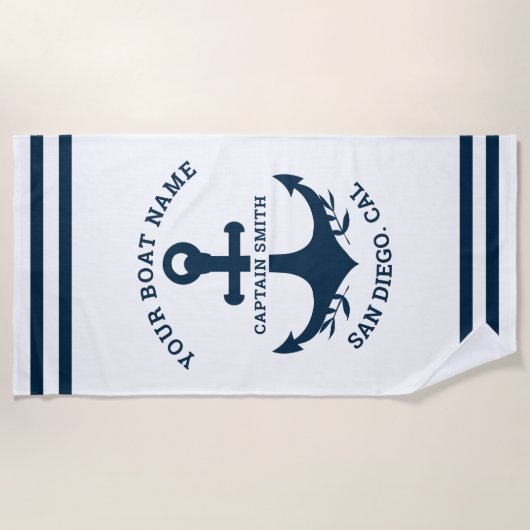 Nautical Navy White Boat Name Strandlaken (Voorkant)