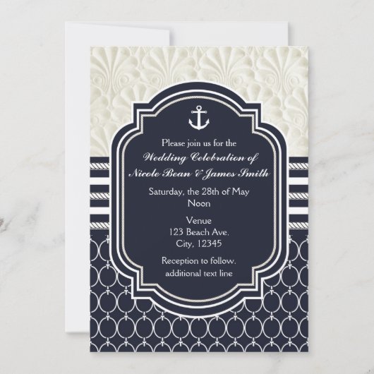 Nautical Navy & White Elegant Beach Wedding Kaart (Voorkant)