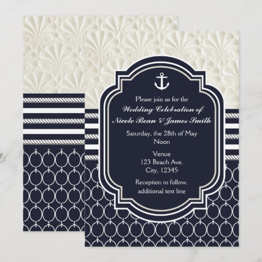 Nautical Navy & White Elegant Beach Wedding Kaart (Voorkant / Achterkant)