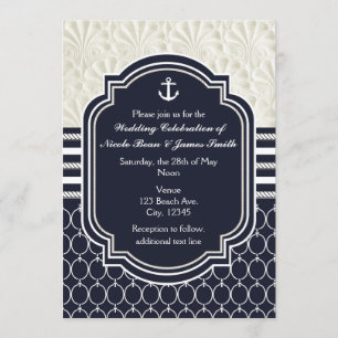 Nautical Navy & White Elegant Beach Wedding Kaart