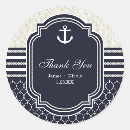 Nautical Navy & White Elegant Beach Wedding Ronde Sticker (Voorkant)