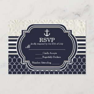Nautical Navy & White Elegant Beach Wedding RSVP Kaartje