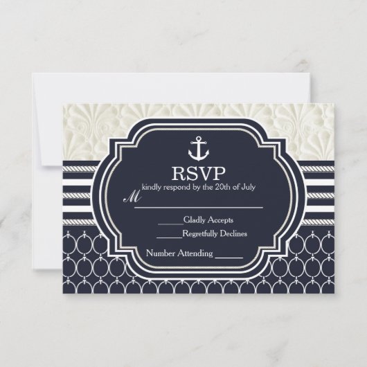 Nautical Navy & White Elegant Beach Wedding RSVP Kaartje (Voorkant)