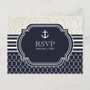 Nautical Navy & White Elegant Beach Wedding RSVP Uitnodiging Briefkaart