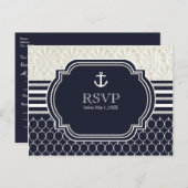 Nautical Navy & White Elegant Beach Wedding RSVP Uitnodiging Briefkaart (Voorkant / Achterkant)