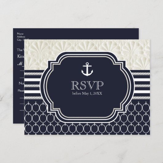 Nautical Navy & White Elegant Beach Wedding RSVP Uitnodiging Briefkaart (Voorkant / Achterkant)