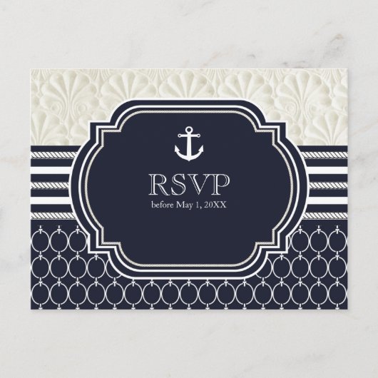 Nautical Navy & White Elegant Beach Wedding RSVP Uitnodiging Briefkaart (Voorkant)
