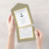 Nautical Navy White en Yellow Stripes All In One Uitnodiging (Afscheurbaar)