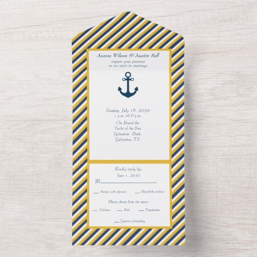 Nautical Navy White en Yellow Stripes All In One Uitnodiging (Binnen)