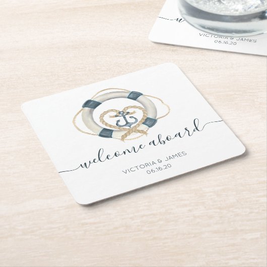 Nautical Navy & White Personalized Wedding Kartonnen Onderzetters (Schuin)
